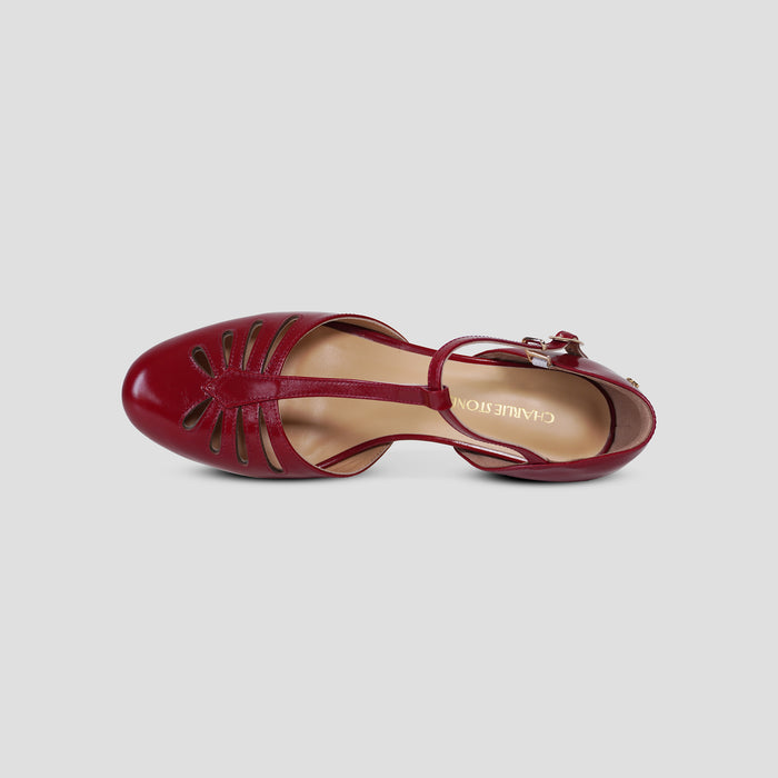 Charlie Stone Shoes women's vintage flats red shined oiled leather dress shoes with hidden wedge to alleviate heel pain