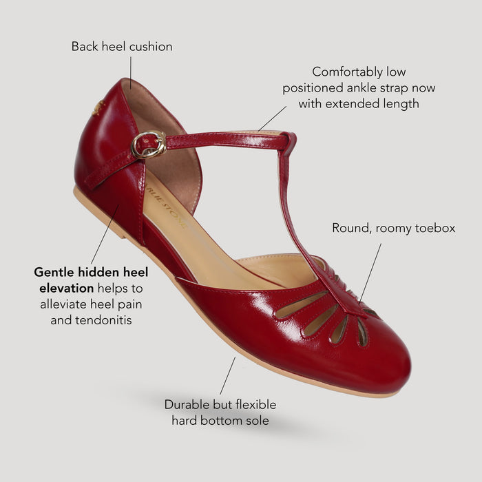 Charlie Stone Shoes women's vintage flats red shined oiled leather dress shoes with hidden wedge to alleviate heel pain