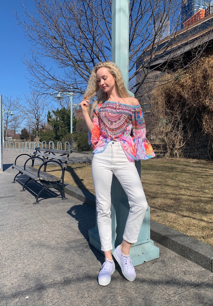 Spring pink tunic, off the shoulder style,