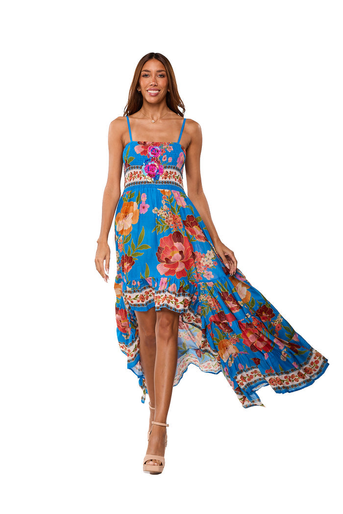Tropical Blue Floral High-Low Maxi Dress-26512