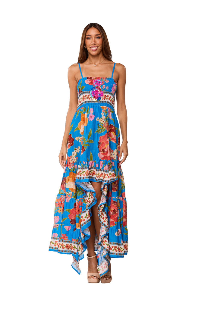 Tropical Blue Floral High-Low Maxi Dress-26512