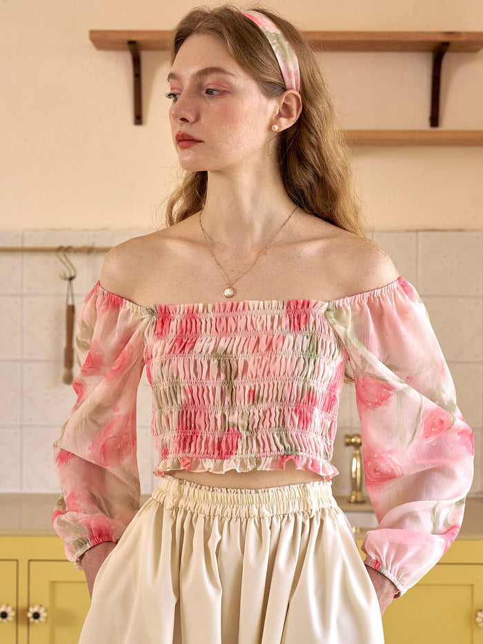 Vada Floral Print Off Shoulder Lantern Sleeve Blouse