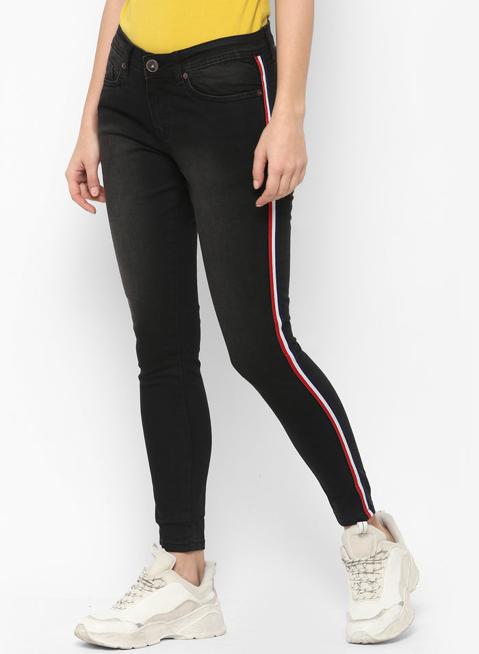 Women's Black Side Striped Skinny Fit Jeans Stretch