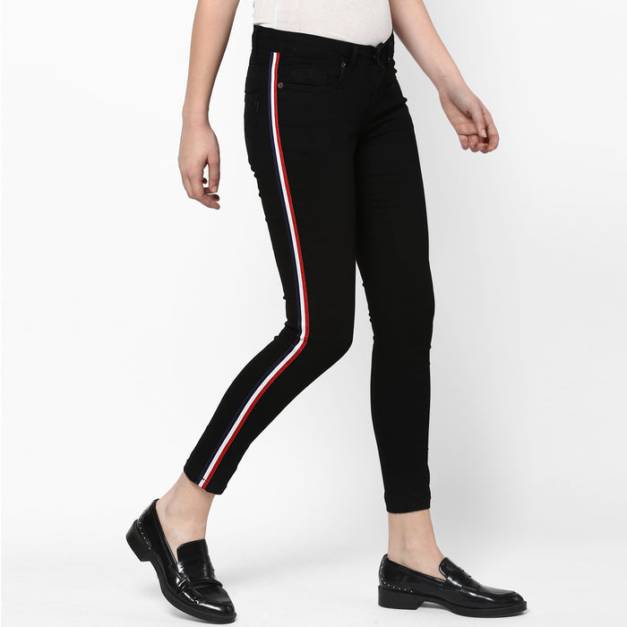 Women's Black Side Striped Skinny Fit Jeans Stretch