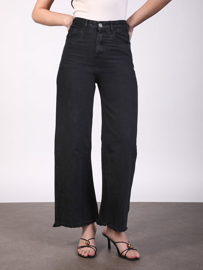 Women's Black Wide Leg Fit Washed Jeans