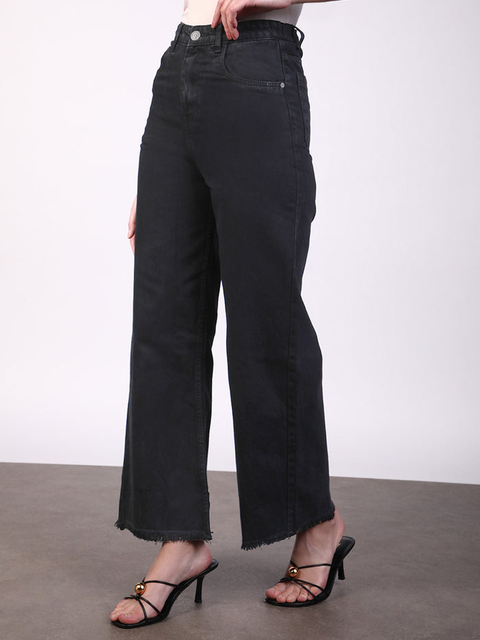 Women's Black Wide Leg Fit Washed Jeans