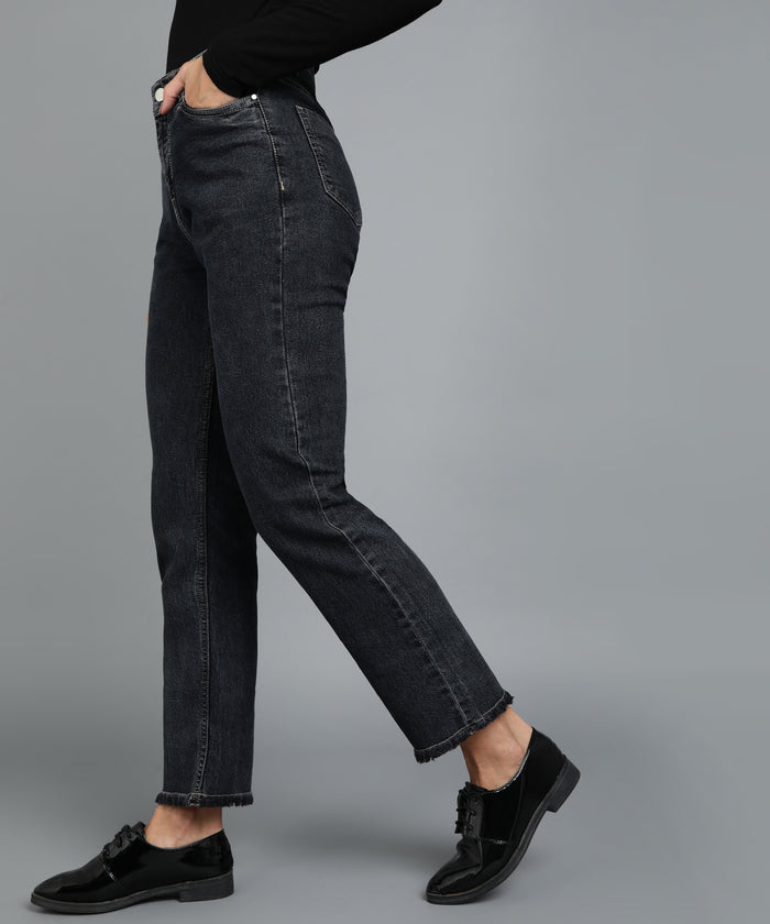 Women's Black Wide Leg Fit Washed Jeans