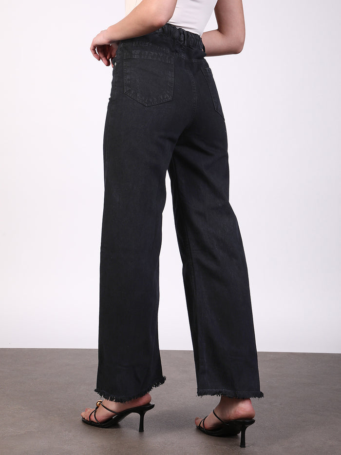 Women's Black Wide Leg Fit Washed Jeans