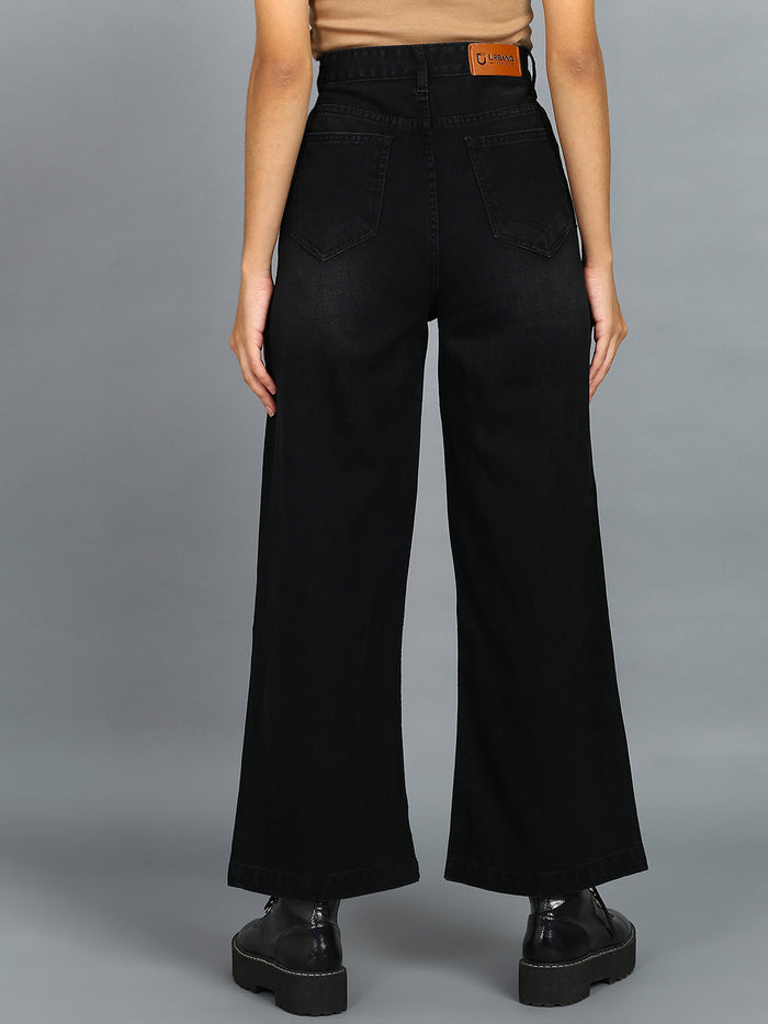 Women's Black Wide Leg Fit Washed Jeans