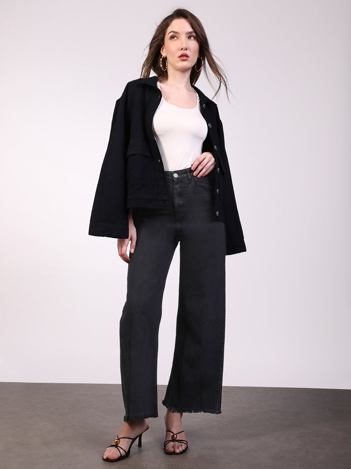 Women's Black Wide Leg Fit Washed Jeans