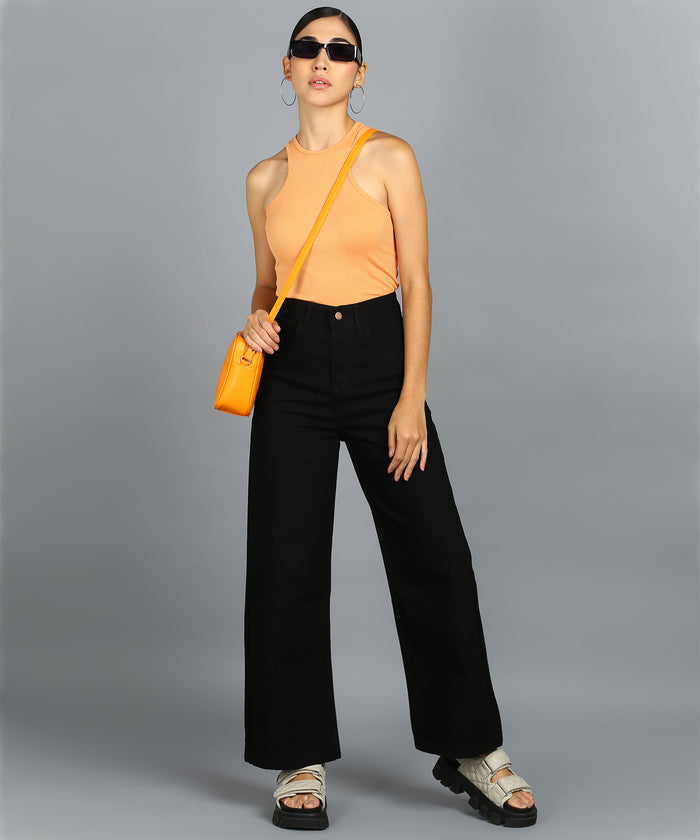 Women's Black Wide Leg Fit Washed Jeans