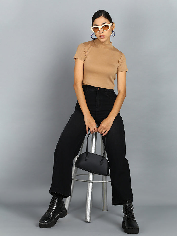 Women's Black Wide Leg Fit Washed Jeans
