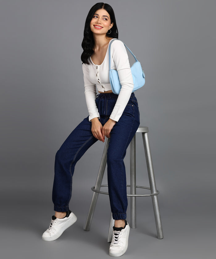 Women's Blue Regular Fit Washed Jogger Jeans