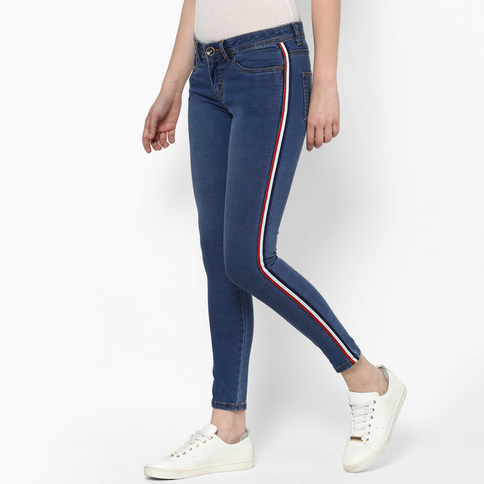 Women's Blue Side Striped Skinny Fit Jeans Stretch