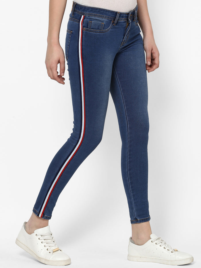 Women's Blue Side Striped Skinny Fit Jeans Stretch