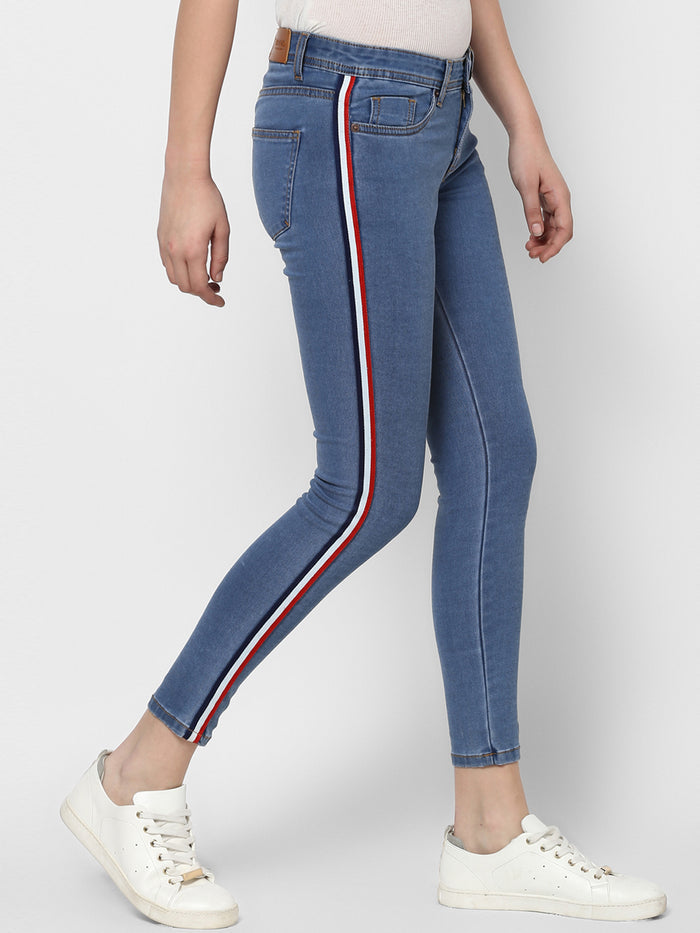 Women's Blue Side Striped Skinny Fit Jeans Stretch