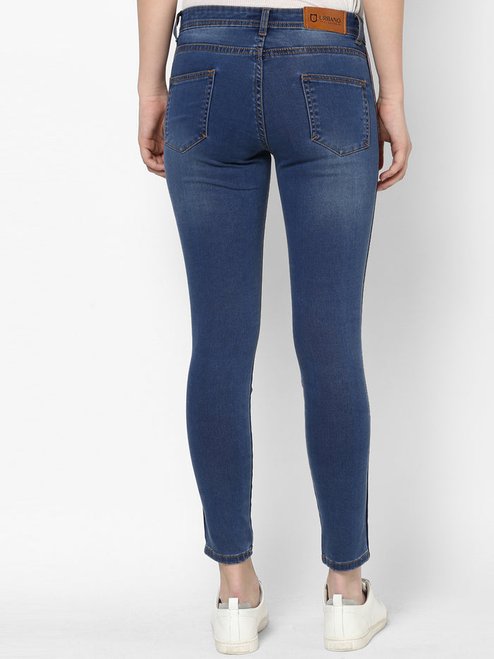 Women's Blue Side Striped Skinny Fit Jeans Stretch