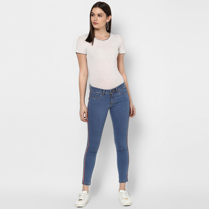 Women's Blue Side Striped Skinny Fit Jeans Stretch