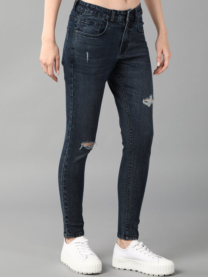 Women's Blue Torn/Mild Distressed Skinny Fit Washed Jeans