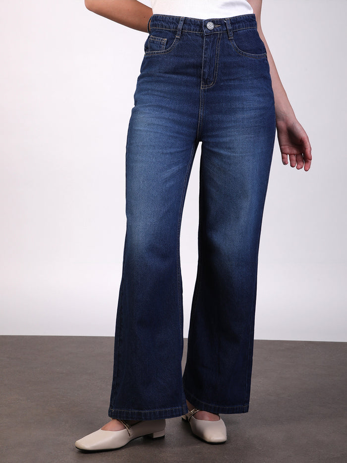 Women's Blue Wide Leg Fit Washed Jeans