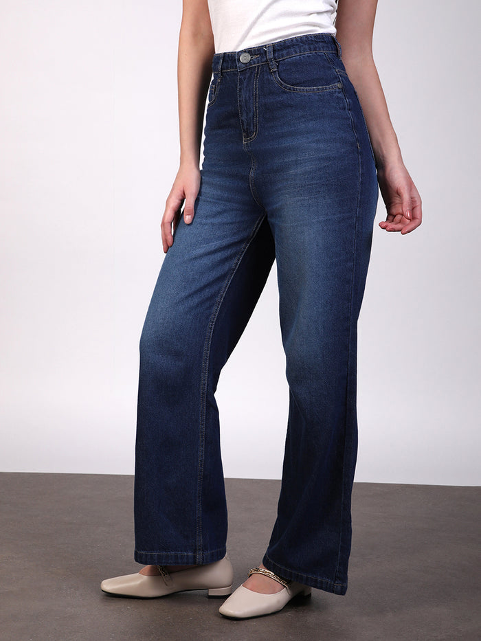 Women's Blue Wide Leg Fit Washed Jeans