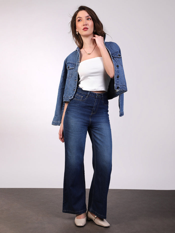 Women's Blue Wide Leg Fit Washed Jeans