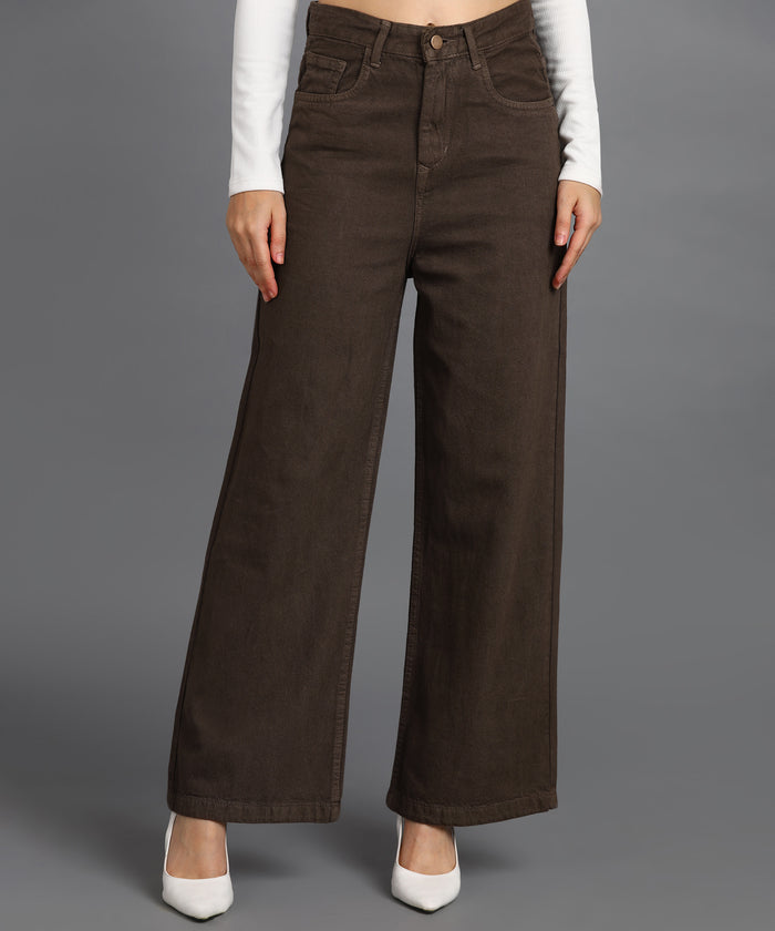 Women's Brown Wide Leg Fit Washed Jeans