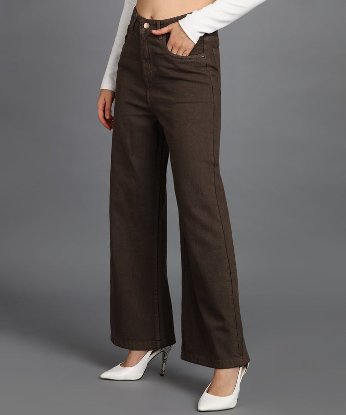 Women's Brown Wide Leg Fit Washed Jeans