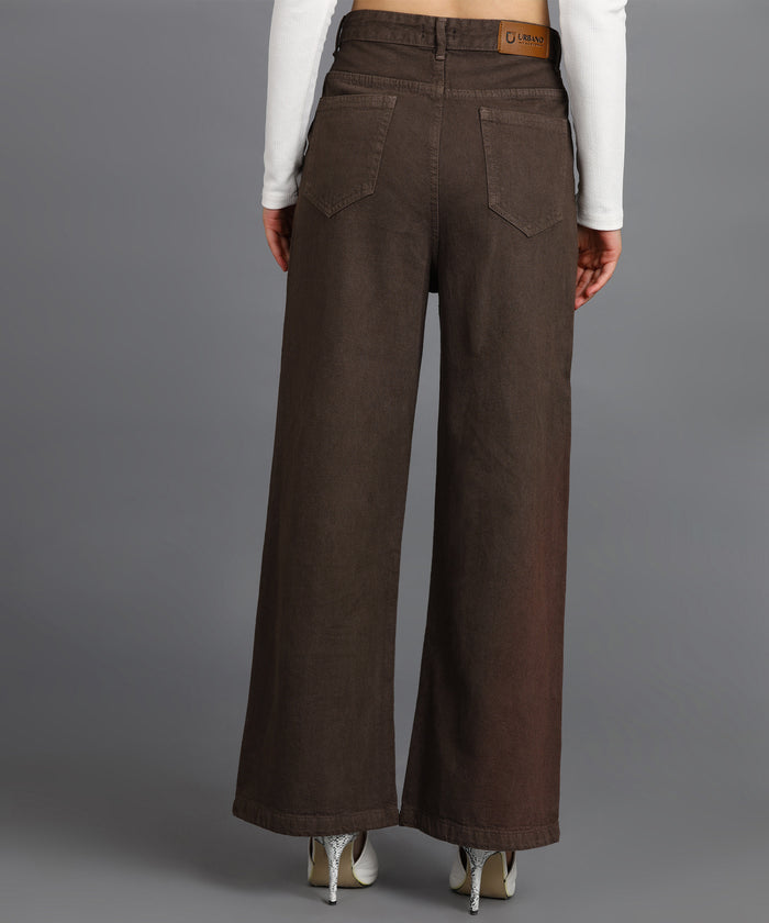 Women's Brown Wide Leg Fit Washed Jeans