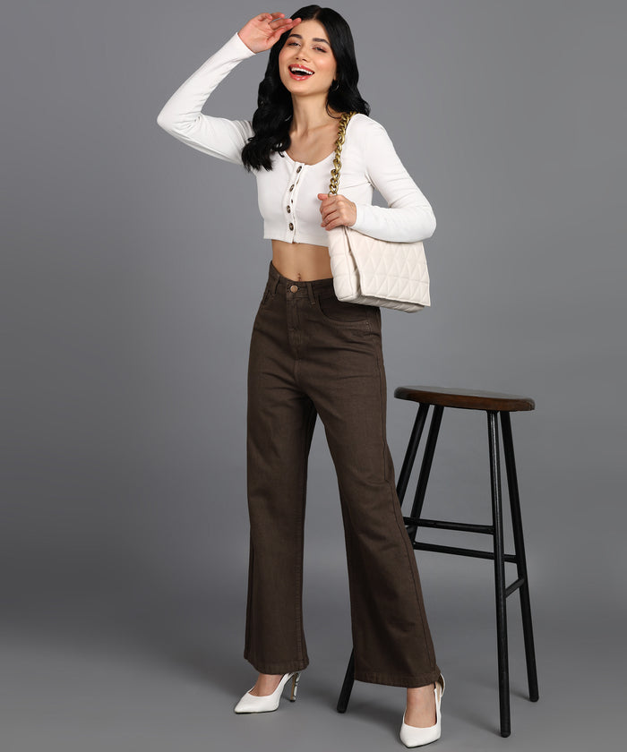 Women's Brown Wide Leg Fit Washed Jeans