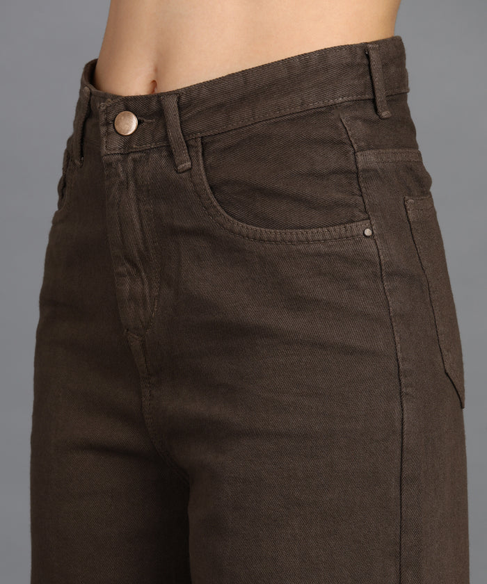 Women's Brown Wide Leg Fit Washed Jeans