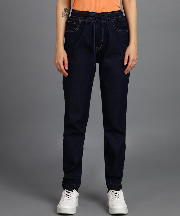 Women's Dark Blue Regular Fit Washed Jogger Jeans