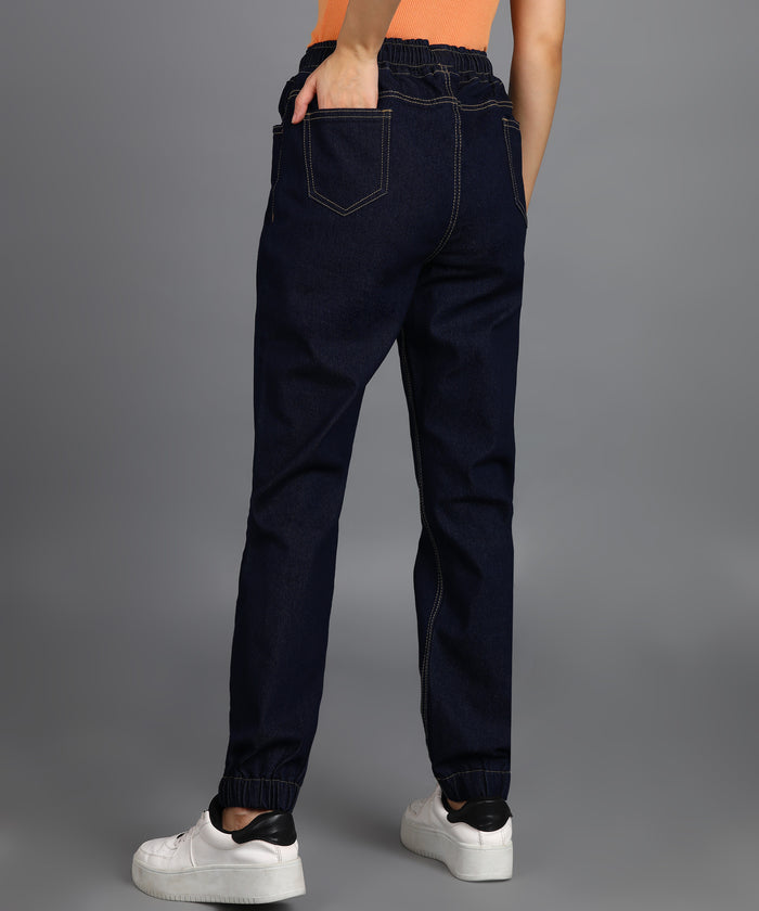 Women's Dark Blue Regular Fit Washed Jogger Jeans