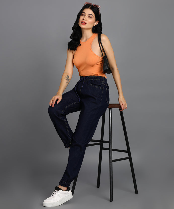 Women's Dark Blue Regular Fit Washed Jogger Jeans