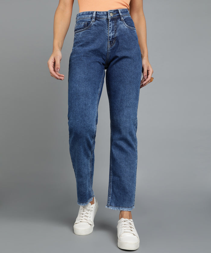 Women's Dark Blue Wide Leg Fit Washed Jeans