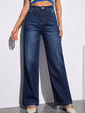 Women's Dark Blue Wide Leg Fit Washed Jeans
