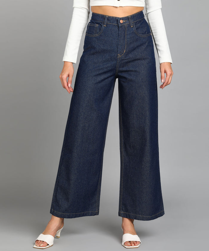 Women's Dark Blue Wide Leg Fit Washed Jeans
