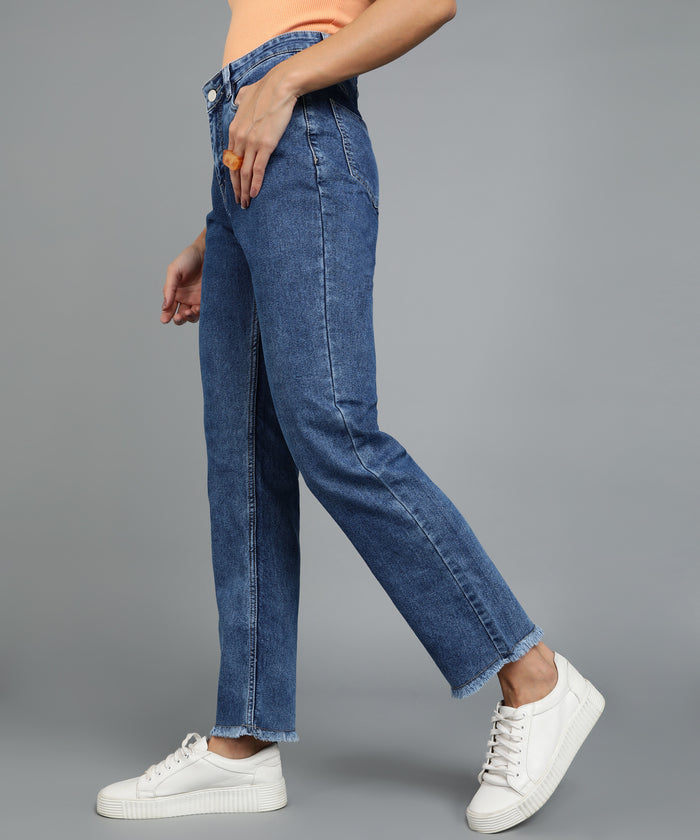 Women's Dark Blue Wide Leg Fit Washed Jeans
