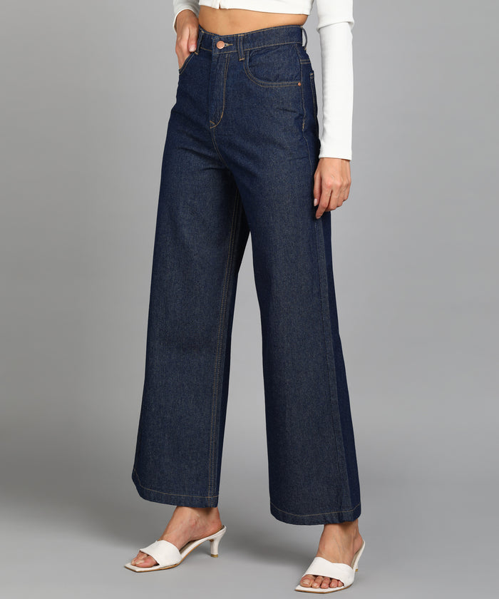 Women's Dark Blue Wide Leg Fit Washed Jeans