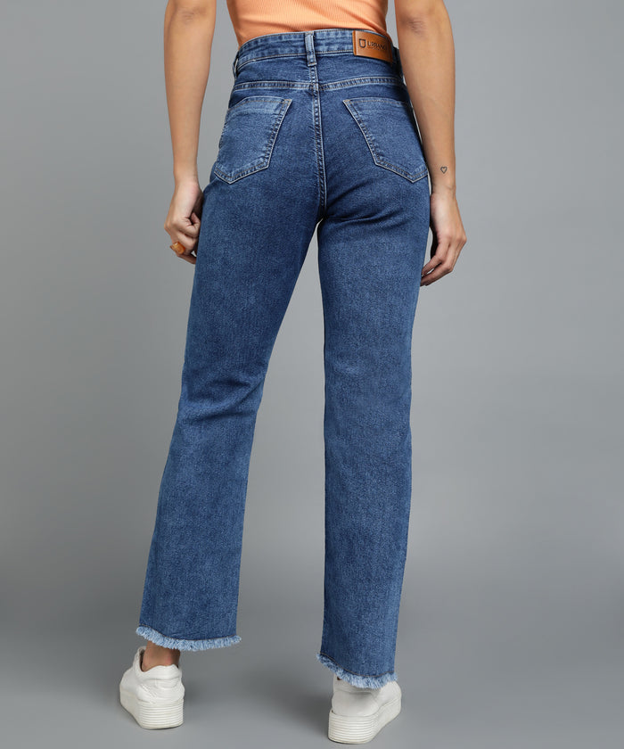 Women's Dark Blue Wide Leg Fit Washed Jeans