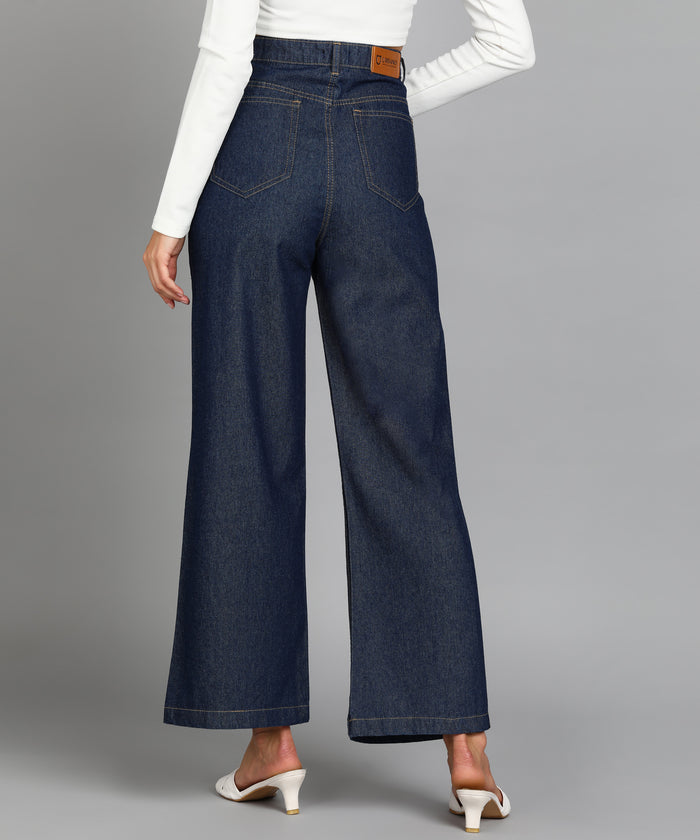 Women's Dark Blue Wide Leg Fit Washed Jeans