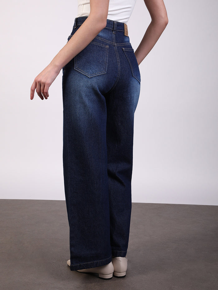 Women's Dark Blue Wide Leg Fit Washed Jeans