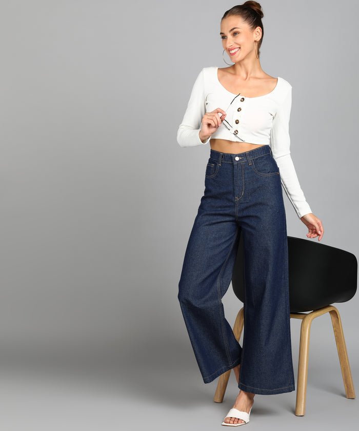 Women's Dark Blue Wide Leg Fit Washed Jeans