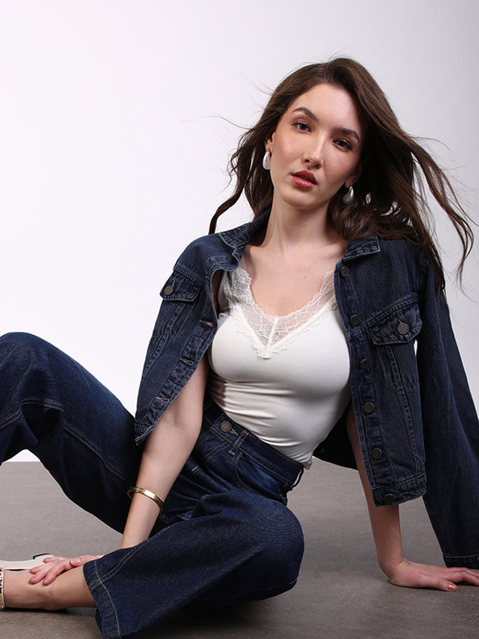 Women's Dark Blue Wide Leg Fit Washed Jeans