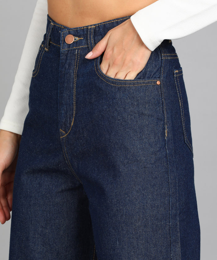 Women's Dark Blue Wide Leg Fit Washed Jeans