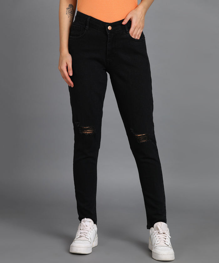 Women's Dark Grey Skinny Fit Mild Distressed Washed Jeans