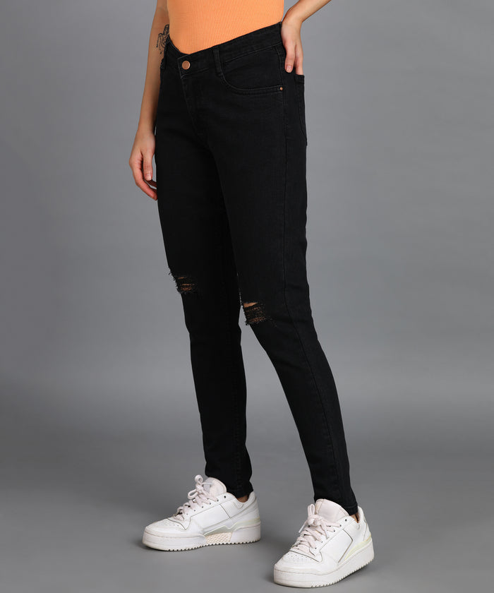 Women's Dark Grey Skinny Fit Mild Distressed Washed Jeans