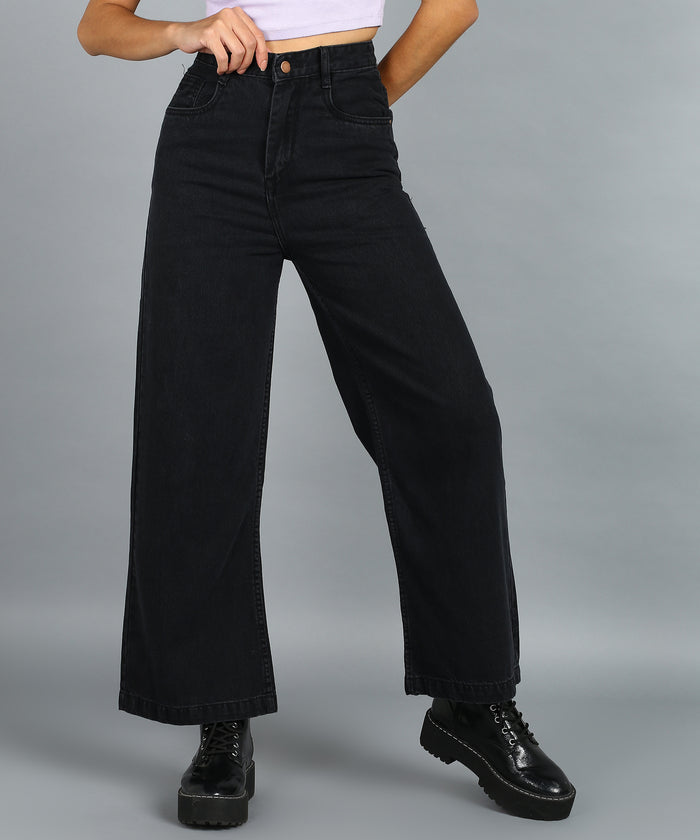 Women's Dark Grey Wide Leg Fit Washed Jeans