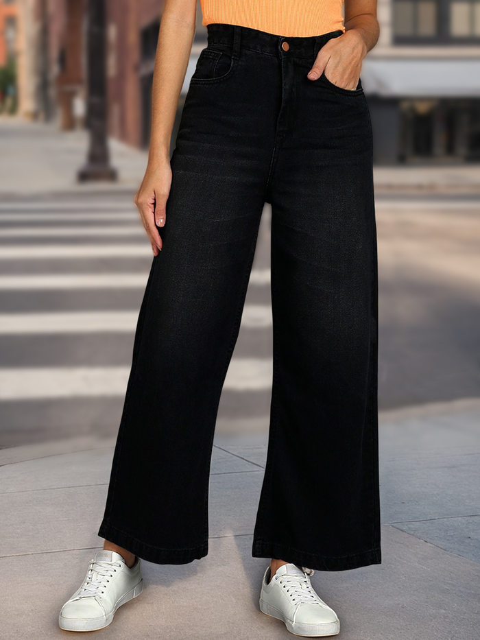 Women's Dark Grey Wide Leg Fit Washed Jeans