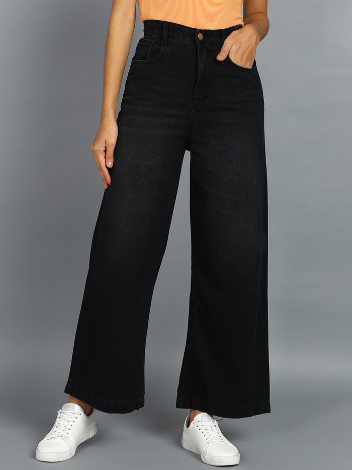 Women's Dark Grey Wide Leg Fit Washed Jeans